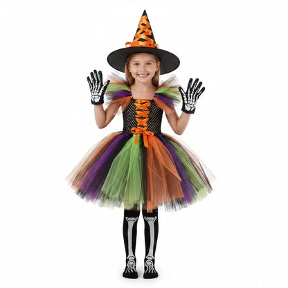 Girl Halloween Cosplay Witch Hat Broom Disguise Costume Dress Up Kids Carnival Party Children Vestidos Outfit