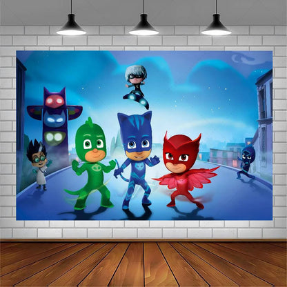 PJ M-Masks Birthday Party Backdrop Catboy Owlette Gekko Moon Night City Superhero Custom Photo Booth Kids Baby Shower Decor