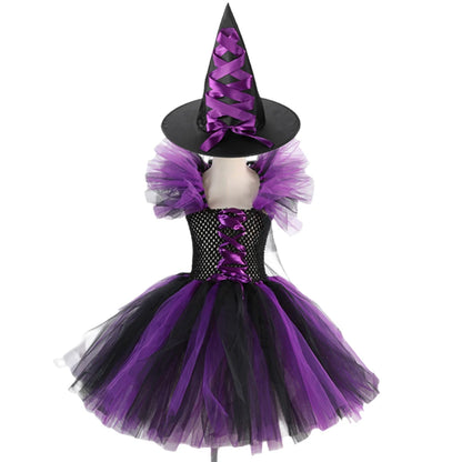 Girl Halloween Cosplay Witch Hat Broom Disguise Costume Dress Up Kids Carnival Party Children Vestidos Outfit