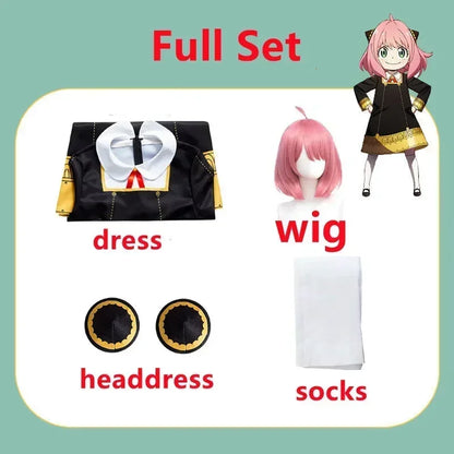 Anime Spy Family Anya Fake Cosplay Costume Toddler Children Anya Cospla Kawaii Black Dress Party Clothes Wig Halloween Women Gir