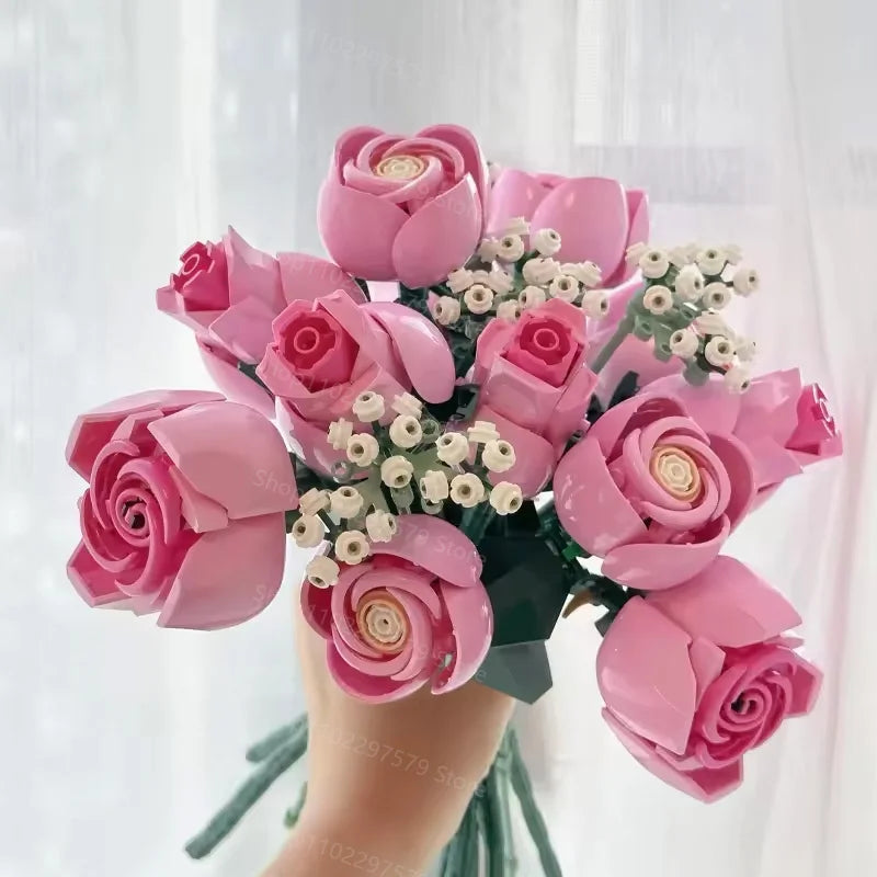 2026 New 789pcs Technology Pink Rose Bouquet Building Blocks Set Decorate Suitable For Mother's Day Gift Present Thanksgive Gift