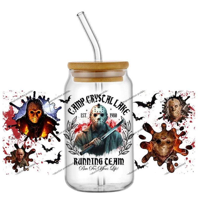 Hotsale Spooky Horror Movie Killer Poster Art 16oz UV DTF 3D Sticker Transfer Decals Trendy Glass Can Cups Halloween Craft DIY