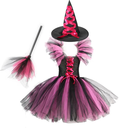 Girl Halloween Cosplay Witch Hat Broom Disguise Costume Dress Up Kids Carnival Party Children Vestidos Outfit