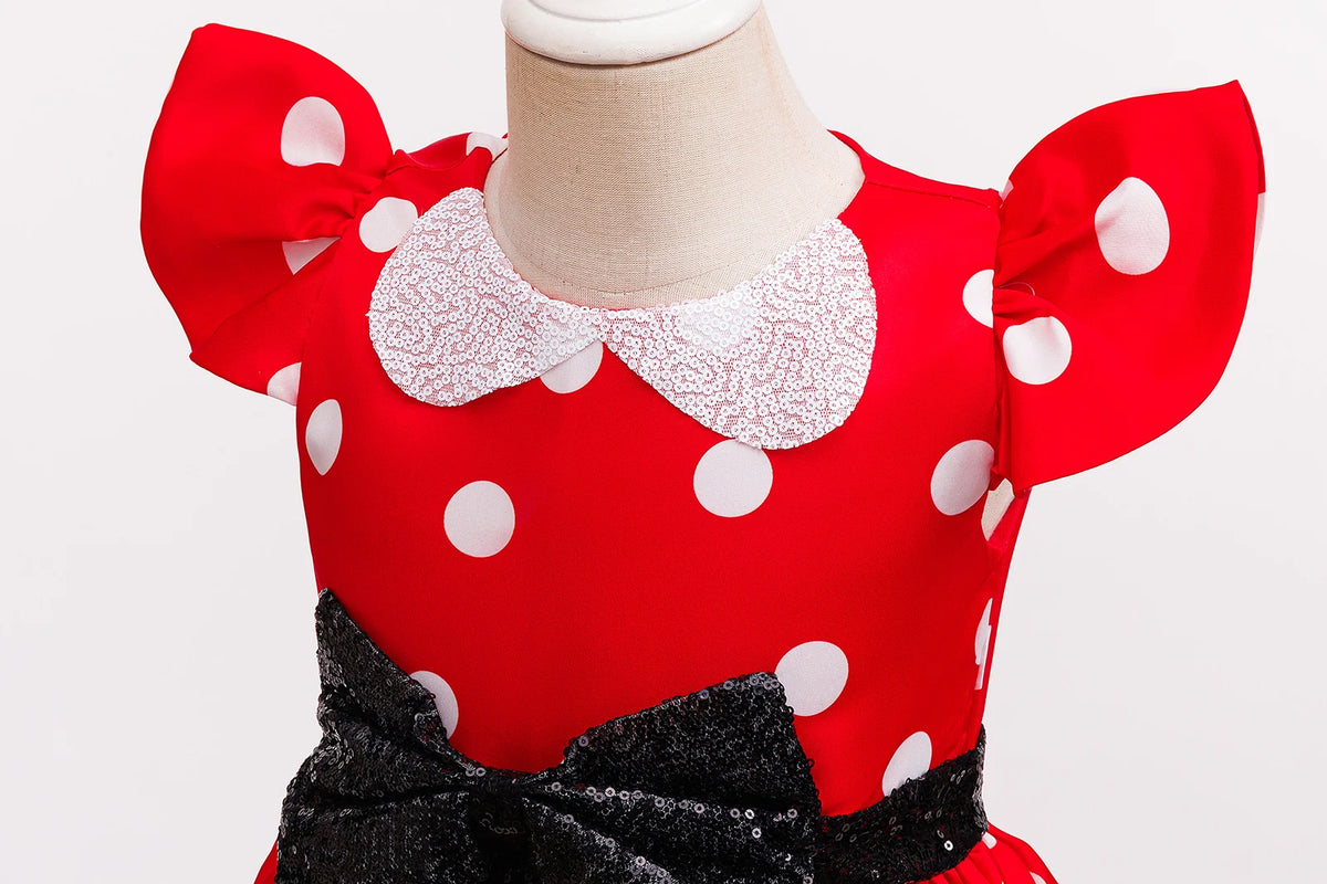 Cute Little Girls Red White Polka Dot Princess Dress Black Sequin Bow Kid Minnie Birthday Party Outfit Carnival Cosplay Clothing