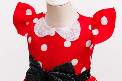 Cute Little Girls Red White Polka Dot Princess Dress Black Sequin Bow Kid Minnie Birthday Party Outfit Carnival Cosplay Clothing
