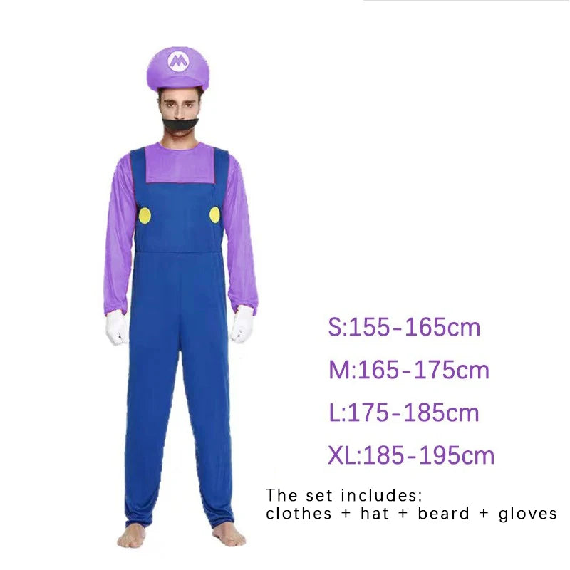 Game Plumber Bros Cosplay Costume Set Jumpsuit Dress Hat Beard Gloves Adult Men Women Uniform Halloween Party Role Play Outfit