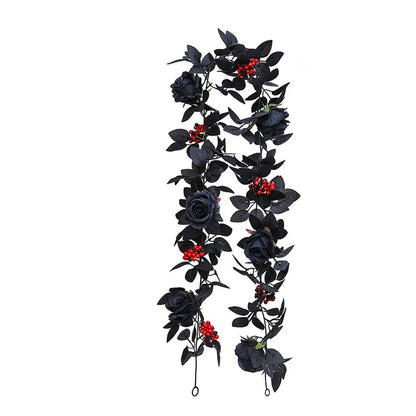 Black Halloween Rose Leaf Vines 175cm Realistic Artificial Rose Vines Simulated Flowers Handmade Halloween Garland