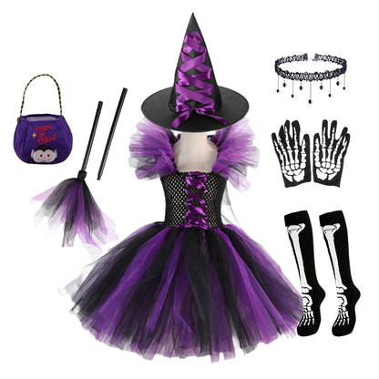 Girl Halloween Cosplay Witch Hat Broom Disguise Costume Dress Up Kids Carnival Party Children Vestidos Outfit