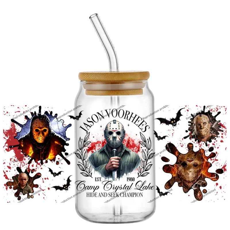 Hotsale Spooky Horror Movie Killer Poster Art 16oz UV DTF 3D Sticker Transfer Decals Trendy Glass Can Cups Halloween Craft DIY