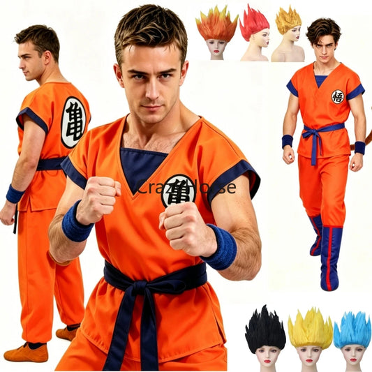Halloween Adult Son Goku Cosplay Costume Suit Anime Men Woman Krillin Training Clothes Superheroes Saiyan Jumpsuit Role Play Wig