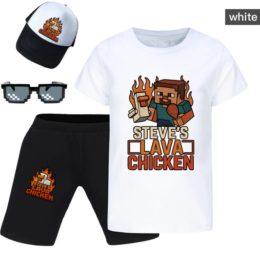 Chicken Jockey T Shirts for Kids Anime Game 3D Printing STEVES LAVA CHICKEN Boys Girls T-shirts and Pants Sets Children Outfits