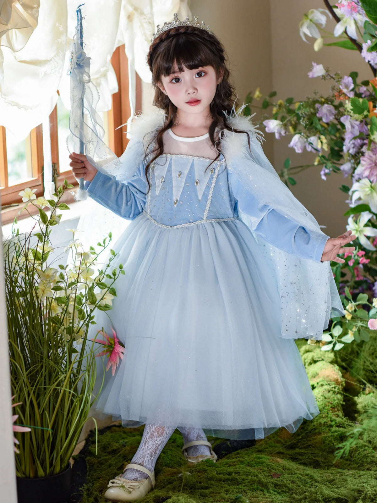 Elsa Frozen Princess Dress with Detachable Cape, Long Sleeve Velvet Sequins Snowflake Dresses for 2-10 Years Girls Party Costume