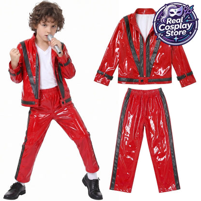 MJ Michael Jackson Thriller Kids Costume Red Black Leather Jacket Pants Boys Halloween Stage Cosplay Outfit