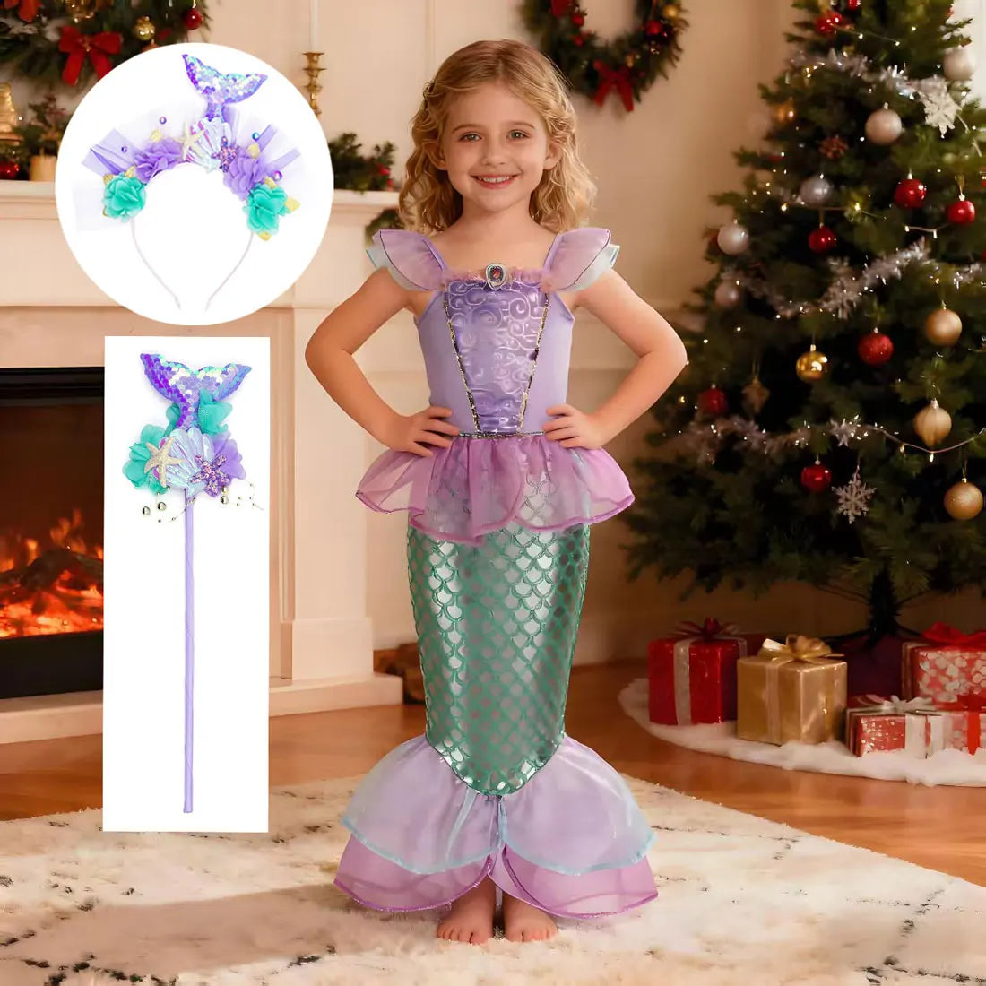 Disney Kid Purple Mermaid Dress Princess Costume Perform Clothes Baby Girl Birthday Party Christmas Cosplay Dress Suit for Girls