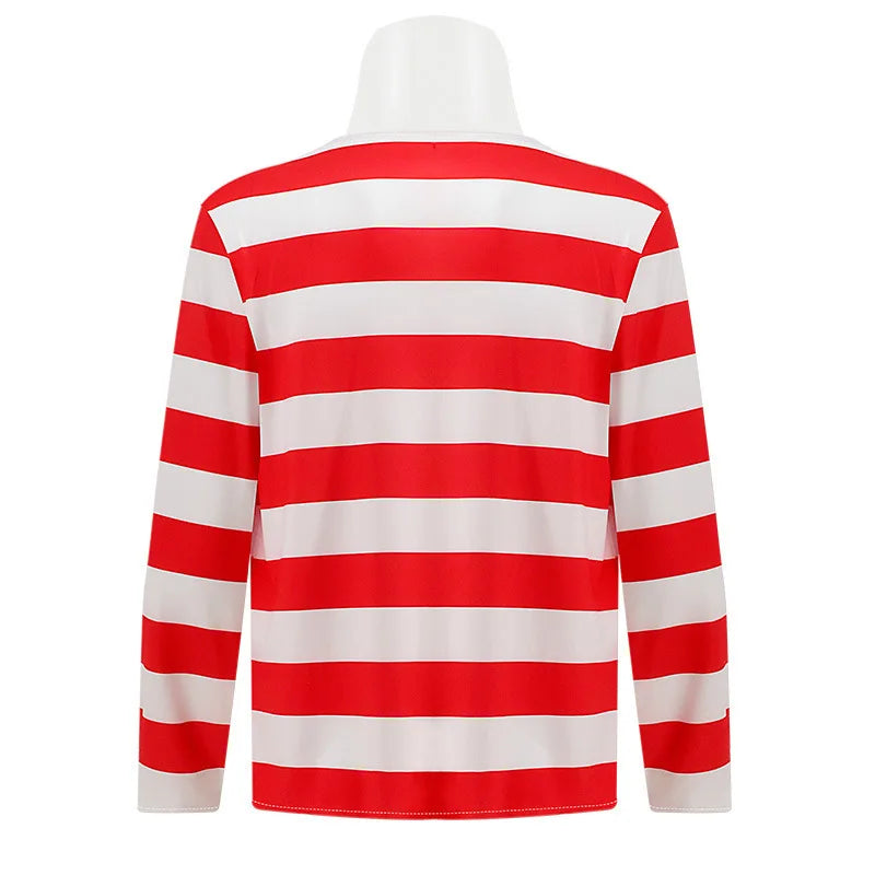 S-XXL Parent-child Cartoon Where is Wally Waldo Costume Waldo Book Week Cosplay Outfit Stripe Long Sleeve Shirt Hat Glasses