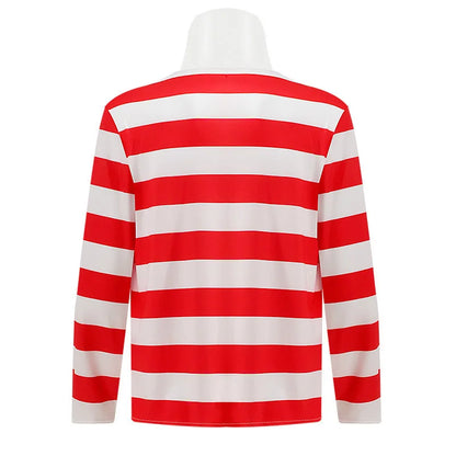 S-XXL Parent-child Cartoon Where is Wally Waldo Costume Waldo Book Week Cosplay Outfit Stripe Long Sleeve Shirt Hat Glasses