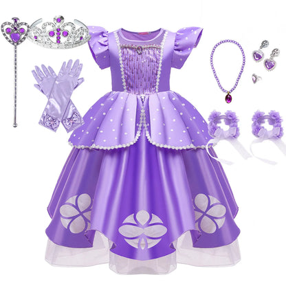 Little Sophia Role Playing  Cute Ball Gown Sofia Costume Play Dress Tea Length Puffy Birthday Party Frock As a Intern Princess
