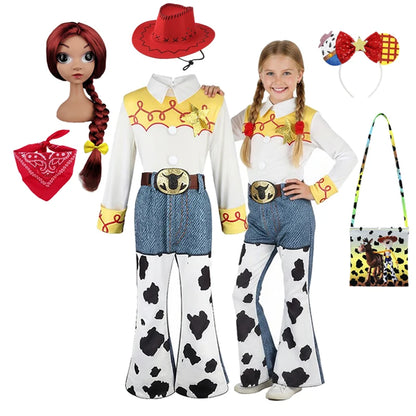 2026 Jessie Cowgirl Costume 2 Piece Set Sleeve shirt Cow Print Flared Pants Kids Cosplay Outfit Halloween Carnival Casual Wear