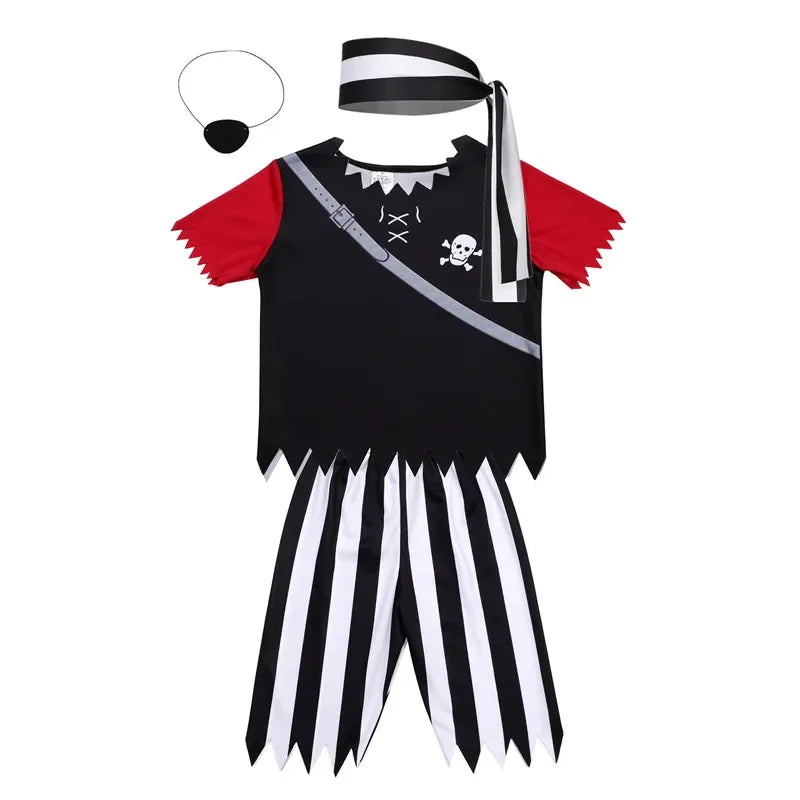 3-12Y Kids Pirate Skeleton Costume Set with Eye Patch Bandana Striped Pants for Halloween Cosplay Role Play Party Toy Dress Up