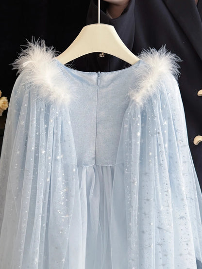Elsa Frozen Princess Dress with Detachable Cape, Long Sleeve Velvet Sequins Snowflake Dresses for 2-10 Years Girls Party Costume