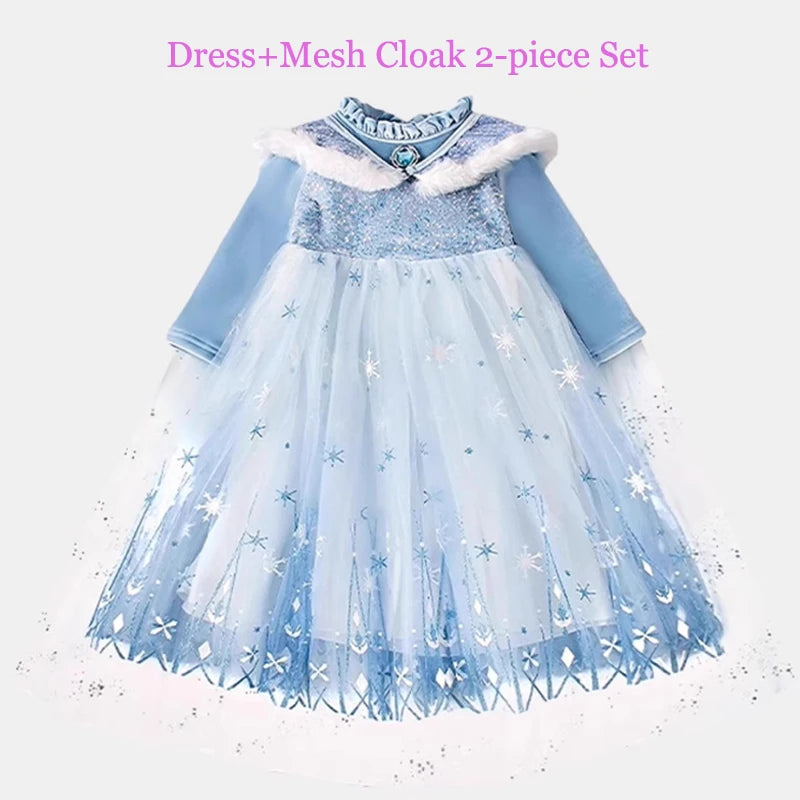 Girls' Spring 2026 New Velvet Elsa Frozen Princess Dress Kids Blue Cape 2 Piece Set Warm Dresses For Girl Party 3-9 Years Old