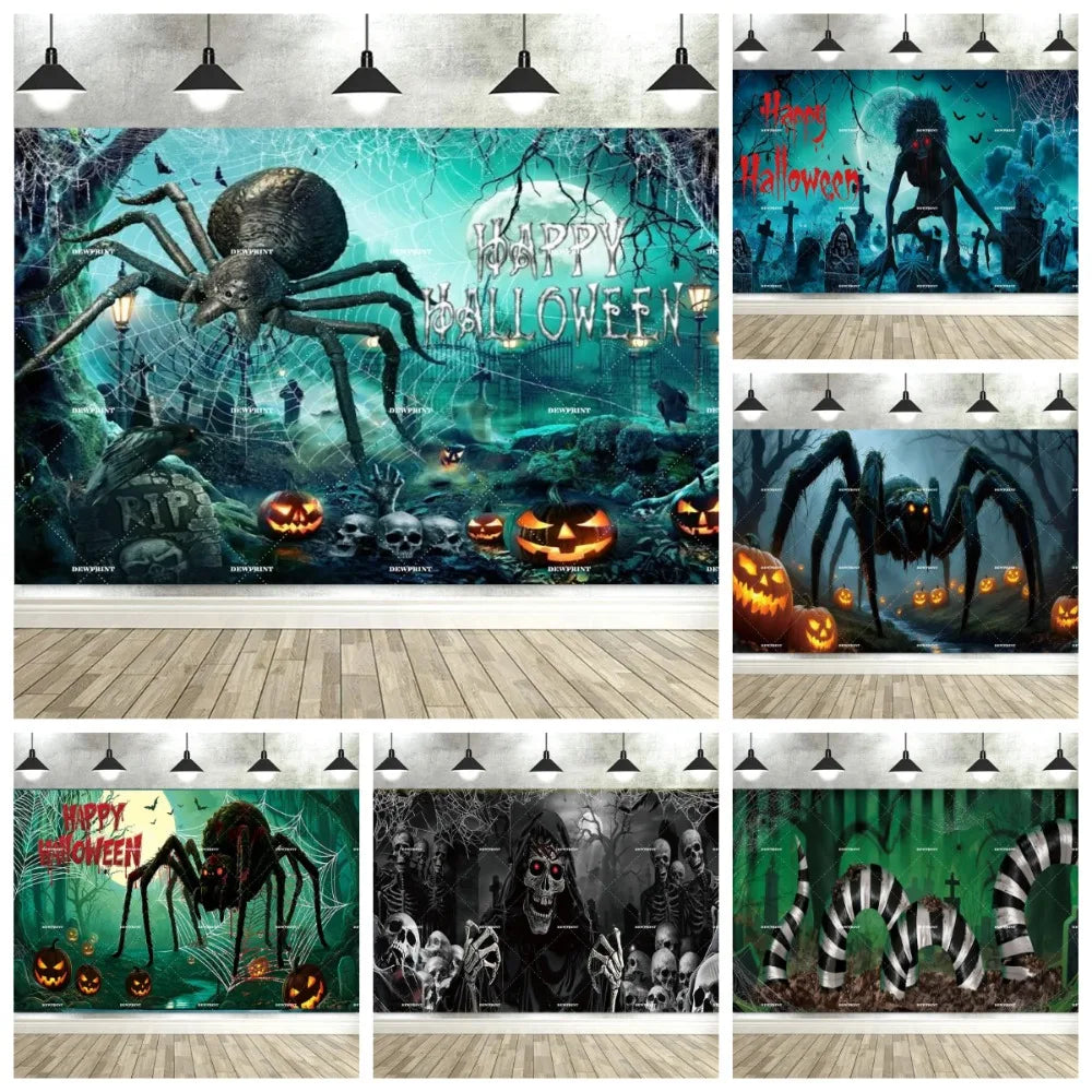 Halloween Giant Spider Sandworm Theme Banner Decoration Background, Pumpkin Horror Party, Home Decoration Photography Background