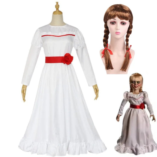 Conjing Doll Annabelle child Cosplay Costume Bride of Chucky Annabelle White Dress Adult Women Halloween Scary Outfits Suit