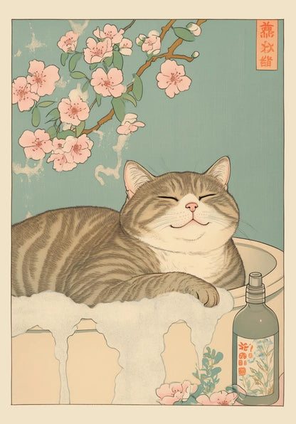 Japanese Tabby Cat in Bathtub Poster Prints Canvas Painting Retro Aesthetic Wall Art Picture Japandi Bathroom Toilet Home Decor