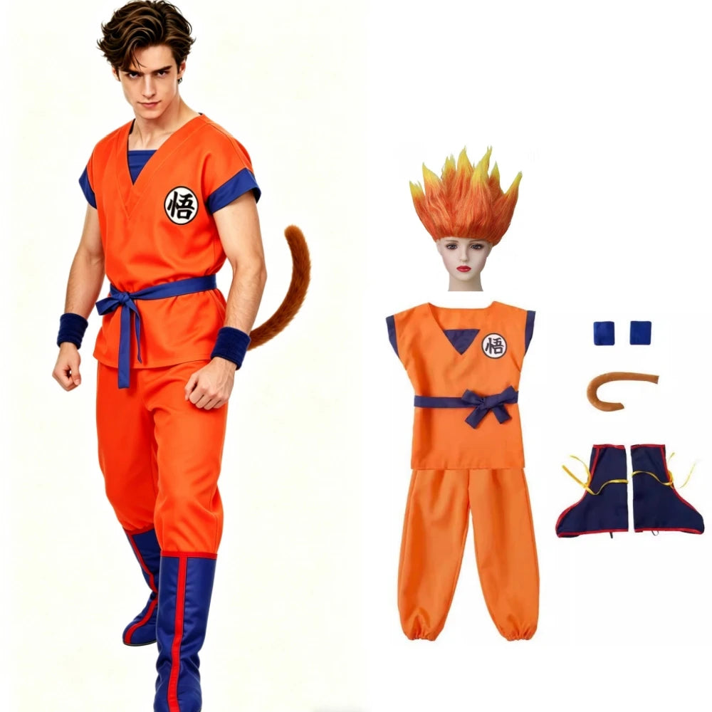 Halloween Adult Son Goku Cosplay Costume Suit Anime Men Woman Krillin Training Clothes Superheroes Saiyan Jumpsuit Role Play Wig