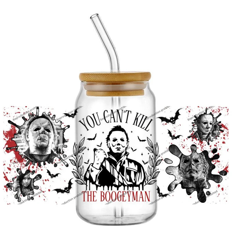 Hotsale Spooky Horror Movie Killer Poster Art 16oz UV DTF 3D Sticker Transfer Decals Trendy Glass Can Cups Halloween Craft DIY