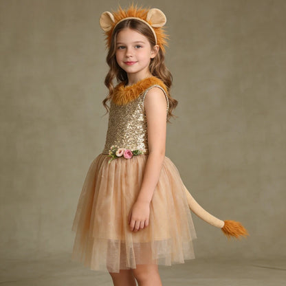 Girls Cute Lion Tulle Dress Kids Cartoon Beauty Clothing Halloween Party Outfit Children Stage Performance Show Clothing