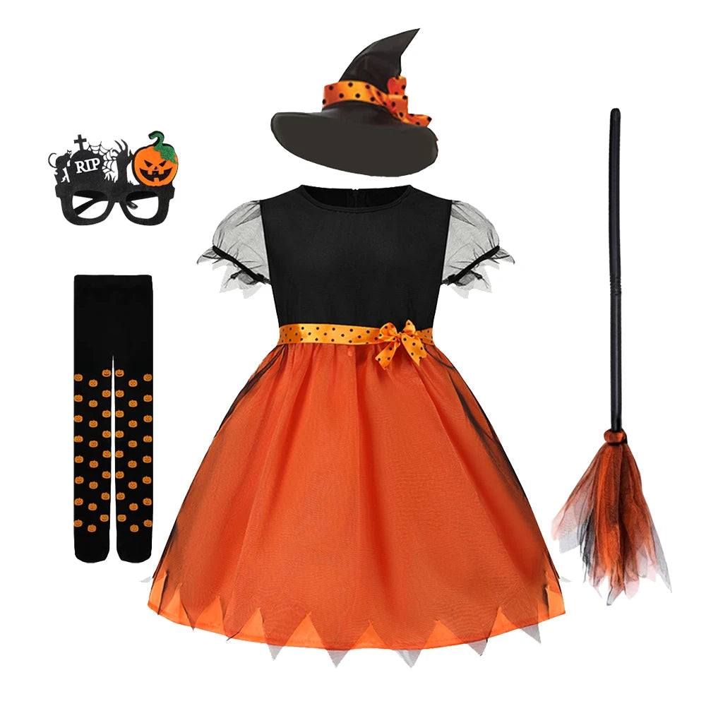 2026 Girls Halloween Cosplay Pumpkin Clothes Witch With Hat Costume Carnival Party Cosplay Dress Clothes Infant Costume