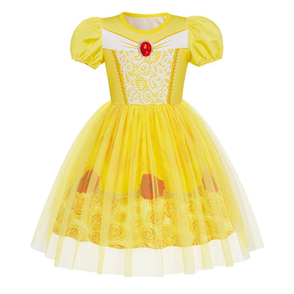 Girls Short Sleeve Fairy Tale Tulle Princess Dress With Printed Pattern Kids Birthday Party Belle Aurora Cosplay Costume 3-10Yrs