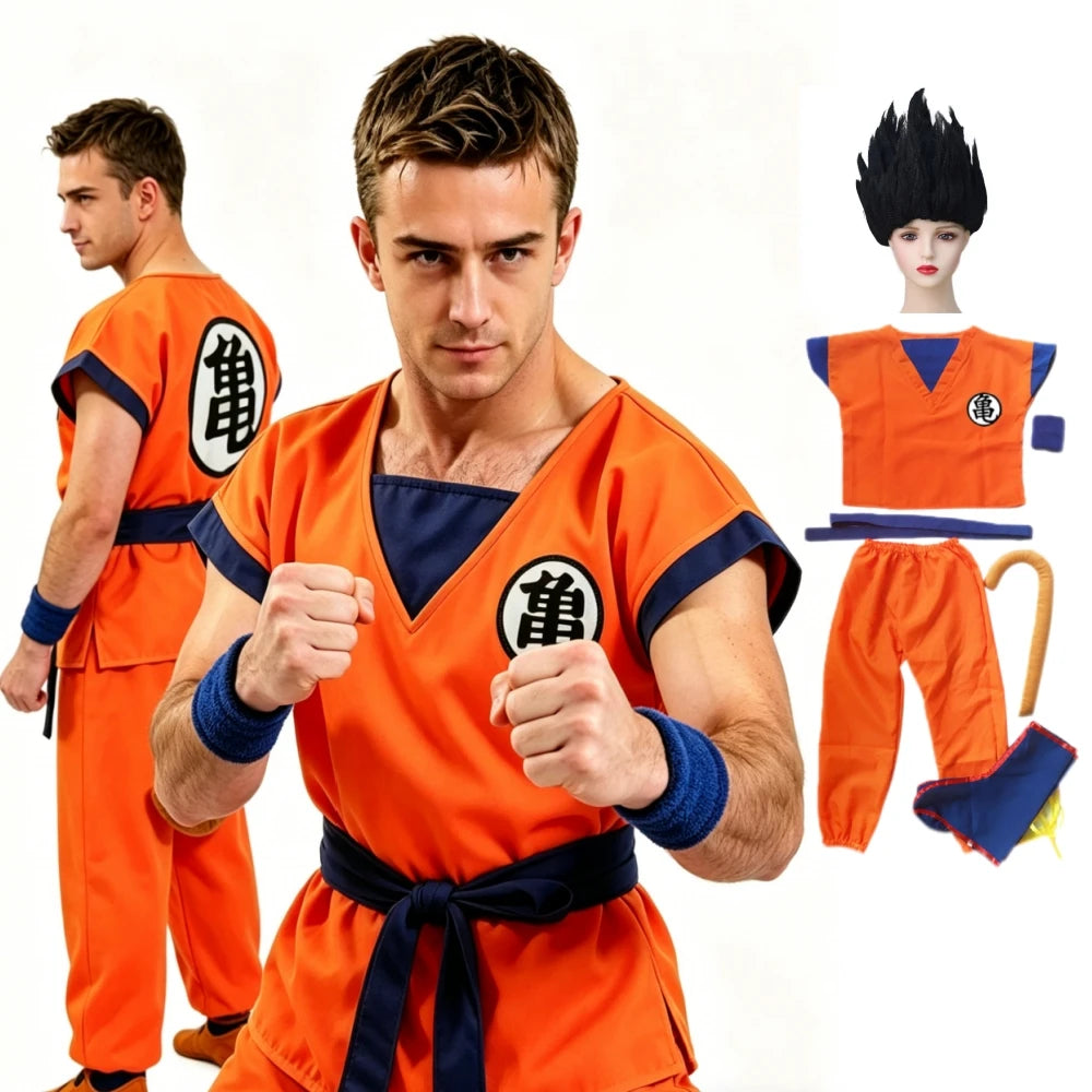 Halloween Adult Son Goku Cosplay Costume Suit Anime Men Woman Krillin Training Clothes Superheroes Saiyan Jumpsuit Role Play Wig
