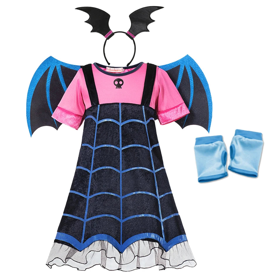 Girls Junior Vampirina TV Series Inspired Dress with Wings Little Vampire Kids Cosplay Costume Play Bat Design Halloween Apparel