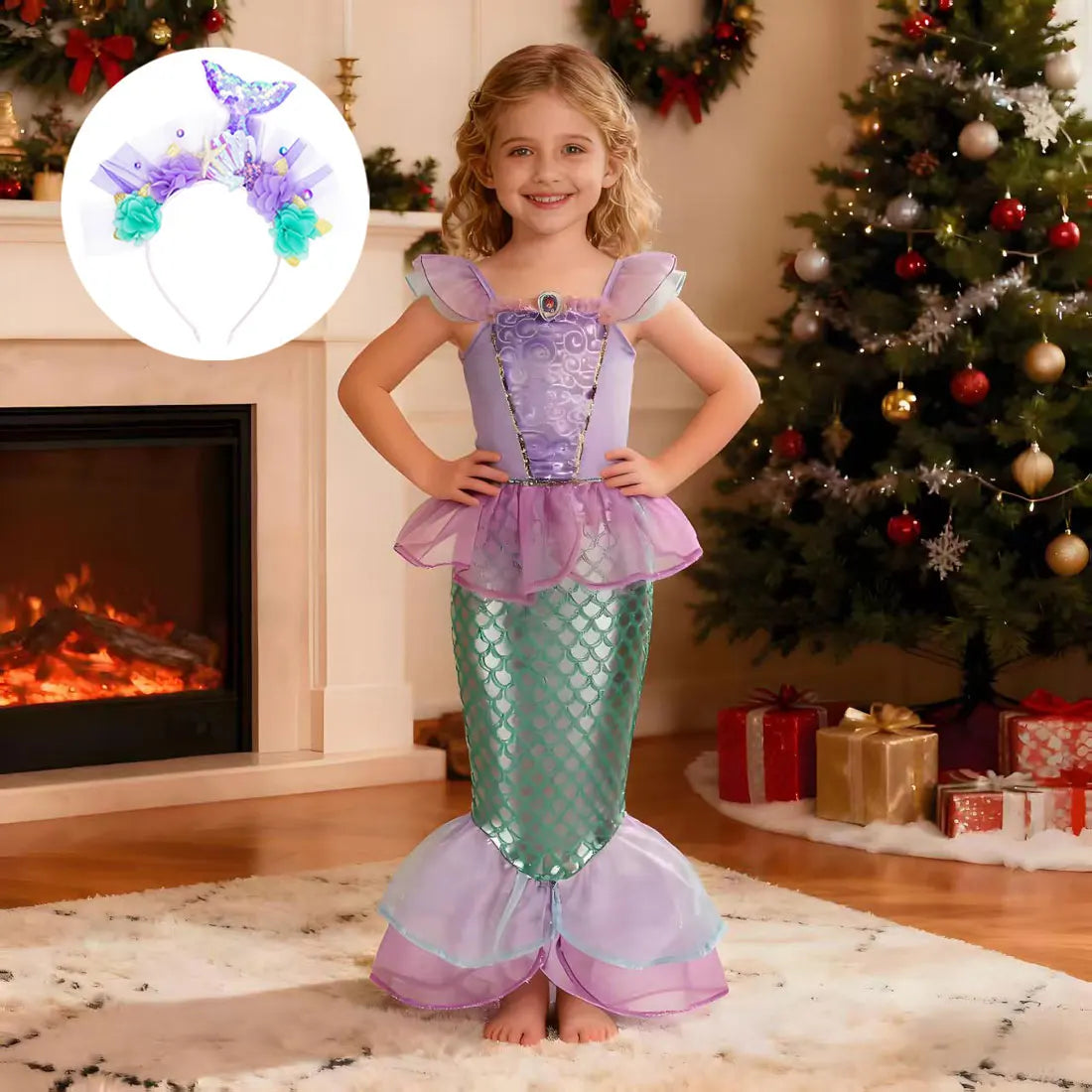 Disney Kid Purple Mermaid Dress Princess Costume Perform Clothes Baby Girl Birthday Party Christmas Cosplay Dress Suit for Girls