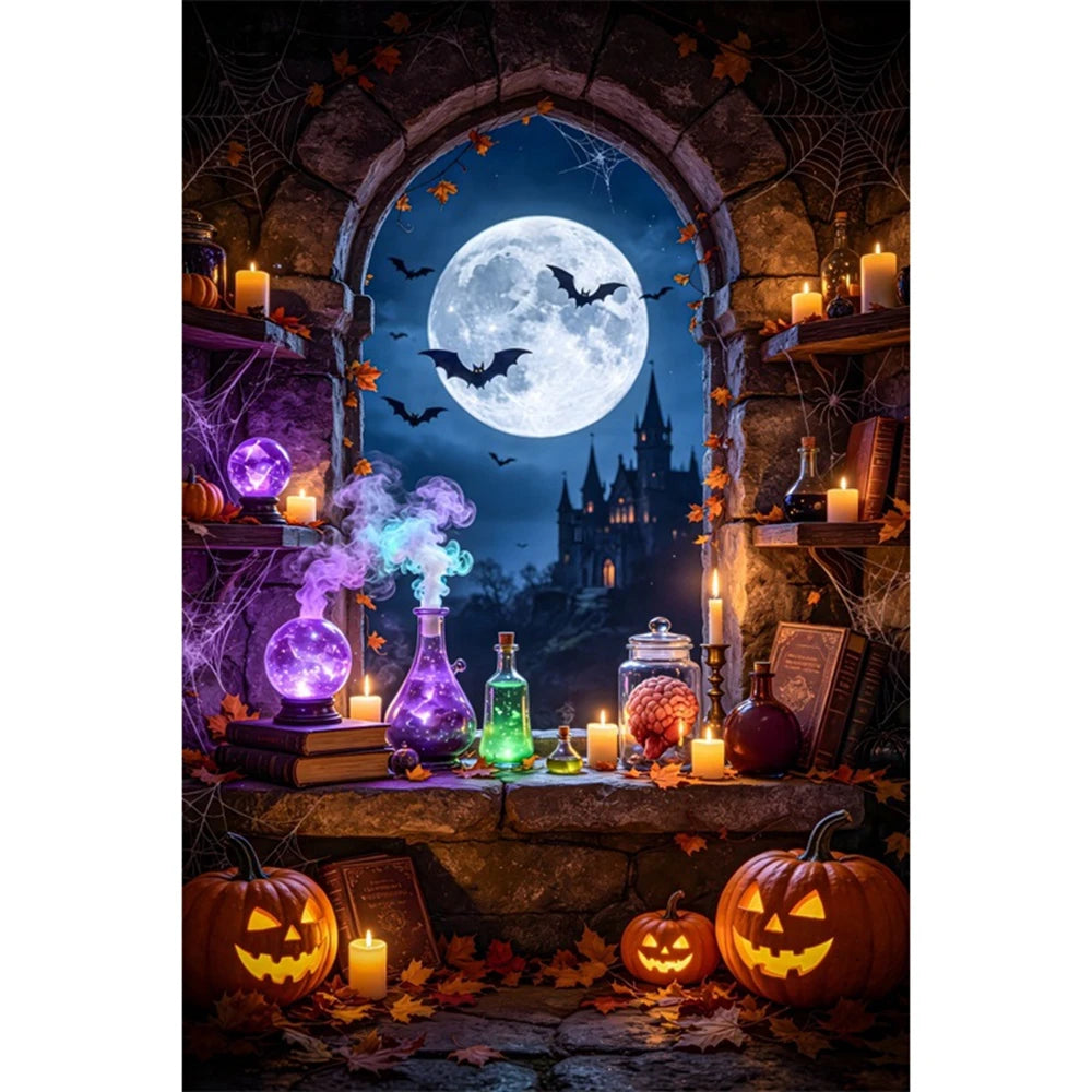 Halloween Photography Background Dark Blue Full Moon Night Castle Pumpkin Lantern Kids Family Halloween Portrait Photo Backdrop
