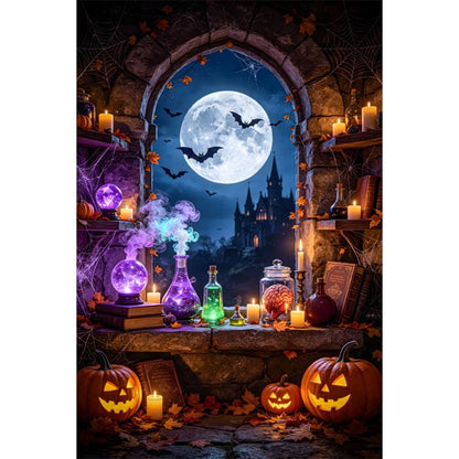 Halloween Photography Background Dark Blue Full Moon Night Castle Pumpkin Lantern Kids Family Halloween Portrait Photo Backdrop
