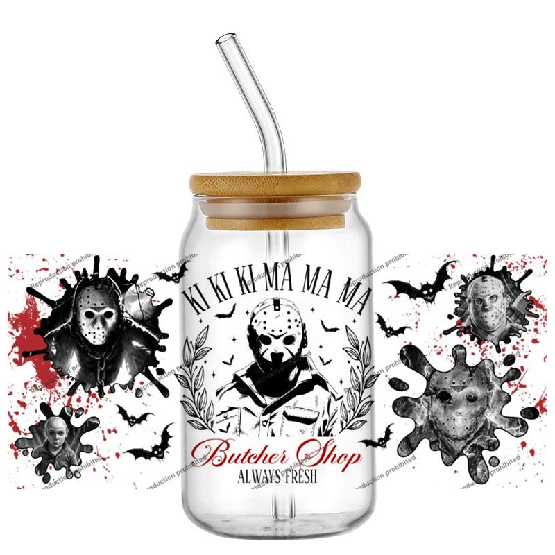 Hotsale Spooky Horror Movie Killer Poster Art 16oz UV DTF 3D Sticker Transfer Decals Trendy Glass Can Cups Halloween Craft DIY