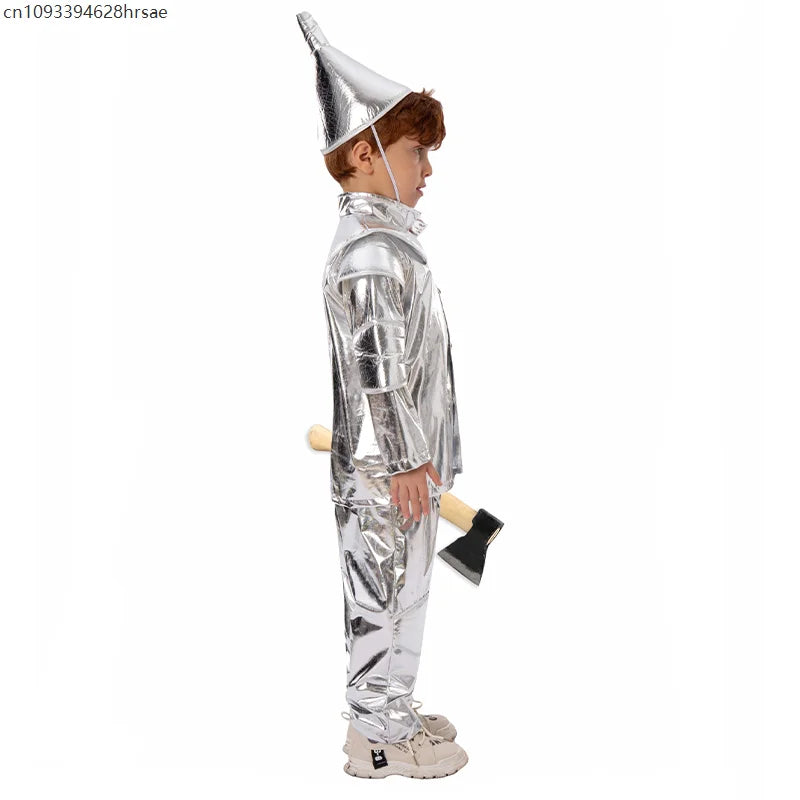 2025 New Arrival Silver Red Heart Wizard Boy Oz Tin Man Halloween Costume For Kids