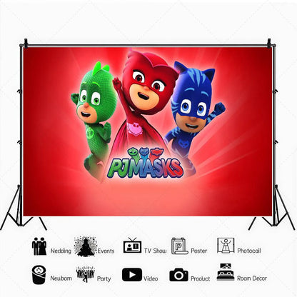 PJ M-Masks Birthday Party Backdrop Catboy Owlette Gekko Moon Night City Superhero Custom Photo Booth Kids Baby Shower Decor