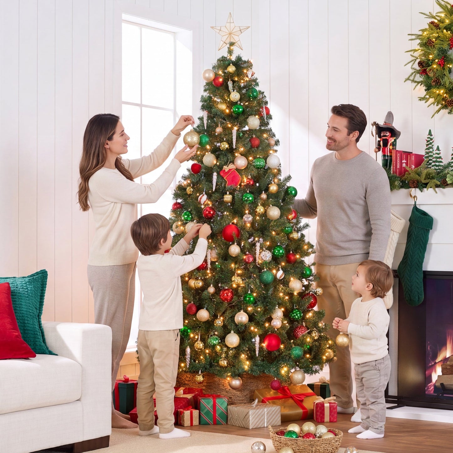 Pre-Lit Artificial Green Spruce Christmas Tree, w/Easy Assembly