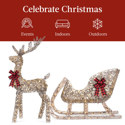 XL Lighted Christmas Reindeer & Sleigh Outdoor Decor Set w/ LED Lights