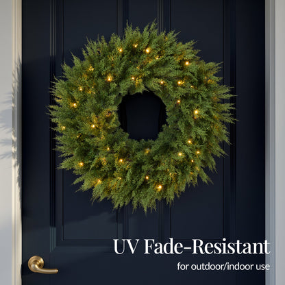 Pre-Lit Cedar Cypress Christmas Realistic Wreath w/ Twinkling LEDs