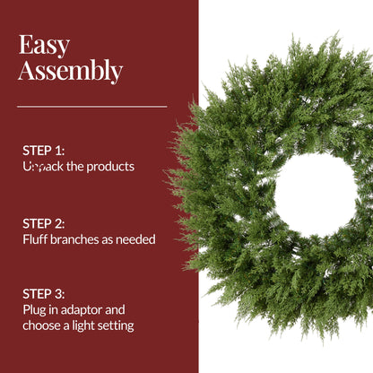 Pre-Lit Cedar Cypress Christmas Realistic Wreath w/ Twinkling LEDs