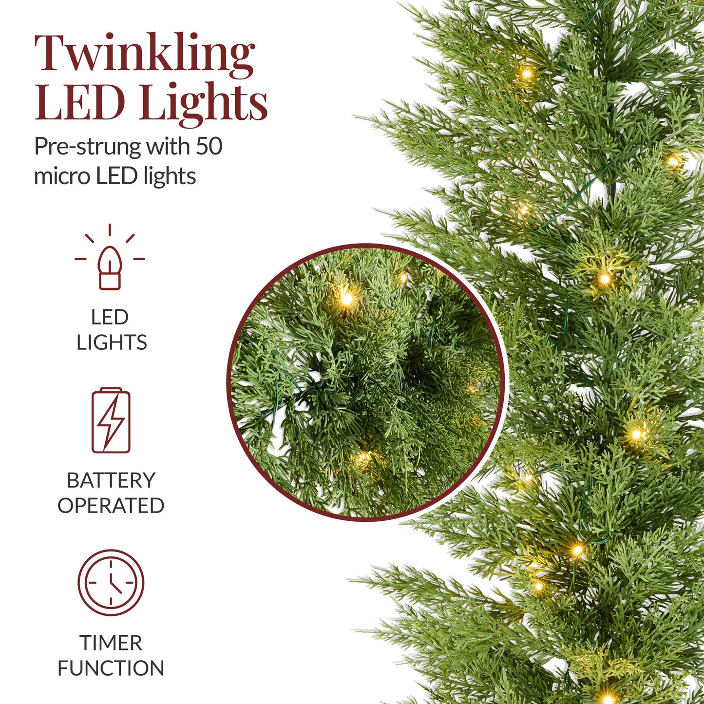 Pre-Lit Cedar Cypress Christmas Realistic Garland w/ Twinkling LEDs