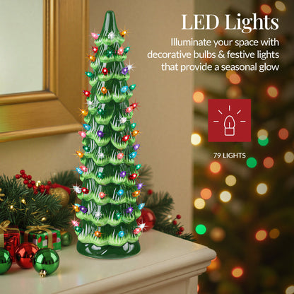15in Ceramic Christmas Tree, Hand-Painted Holiday Decor w/ LED Lights