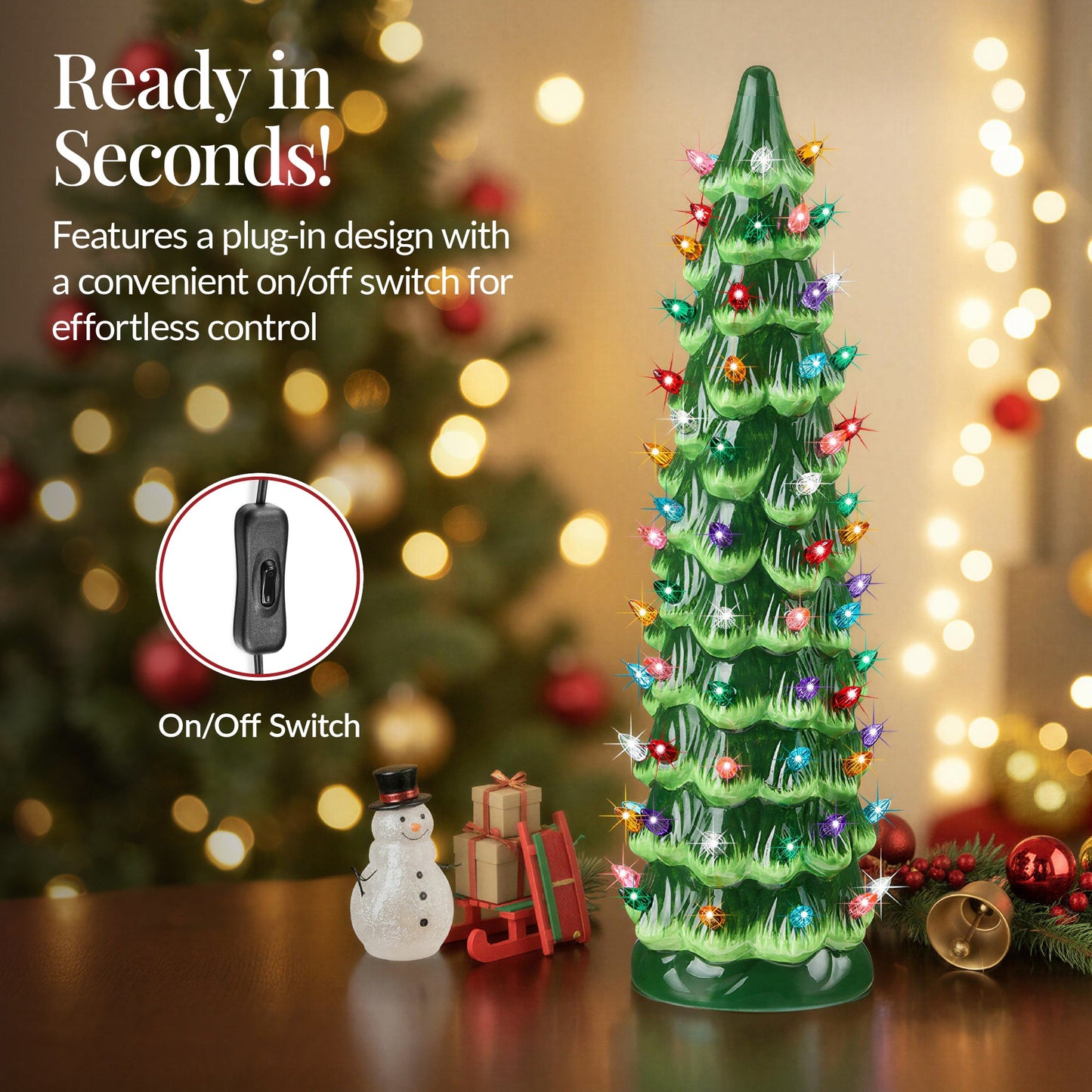 15in Ceramic Christmas Tree, Hand-Painted Holiday Decor w/ LED Lights