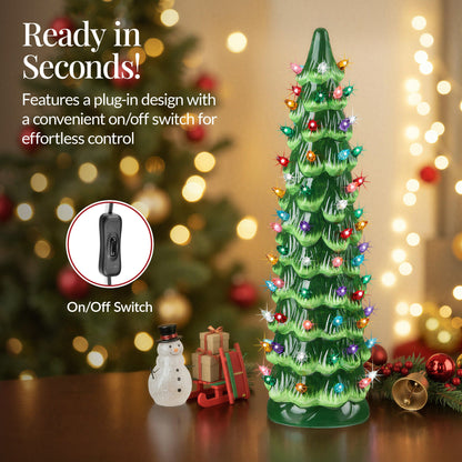 18in Ceramic Christmas Tree, Hand-Painted Holiday Decor w/ LED Lights