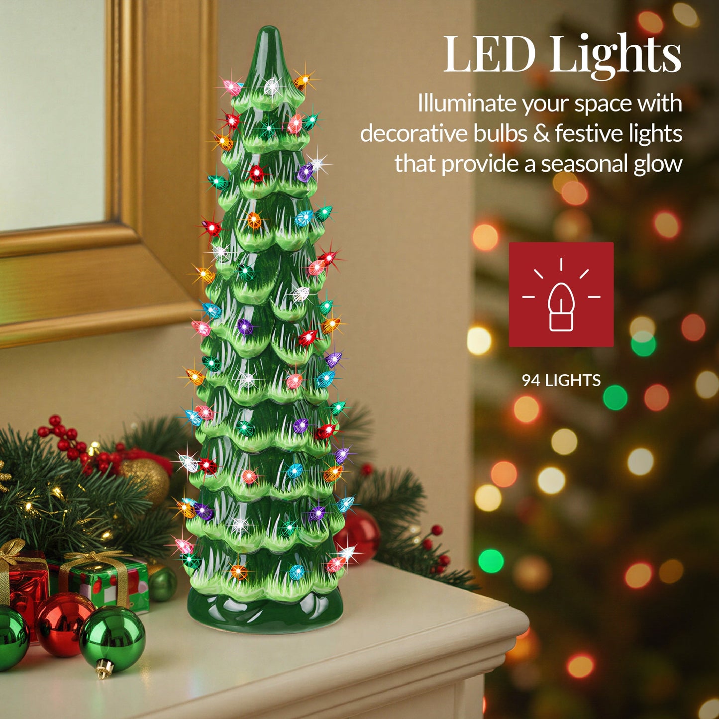 21in Ceramic Christmas Tree, Hand-Painted Holiday Decor w/ LED Lights